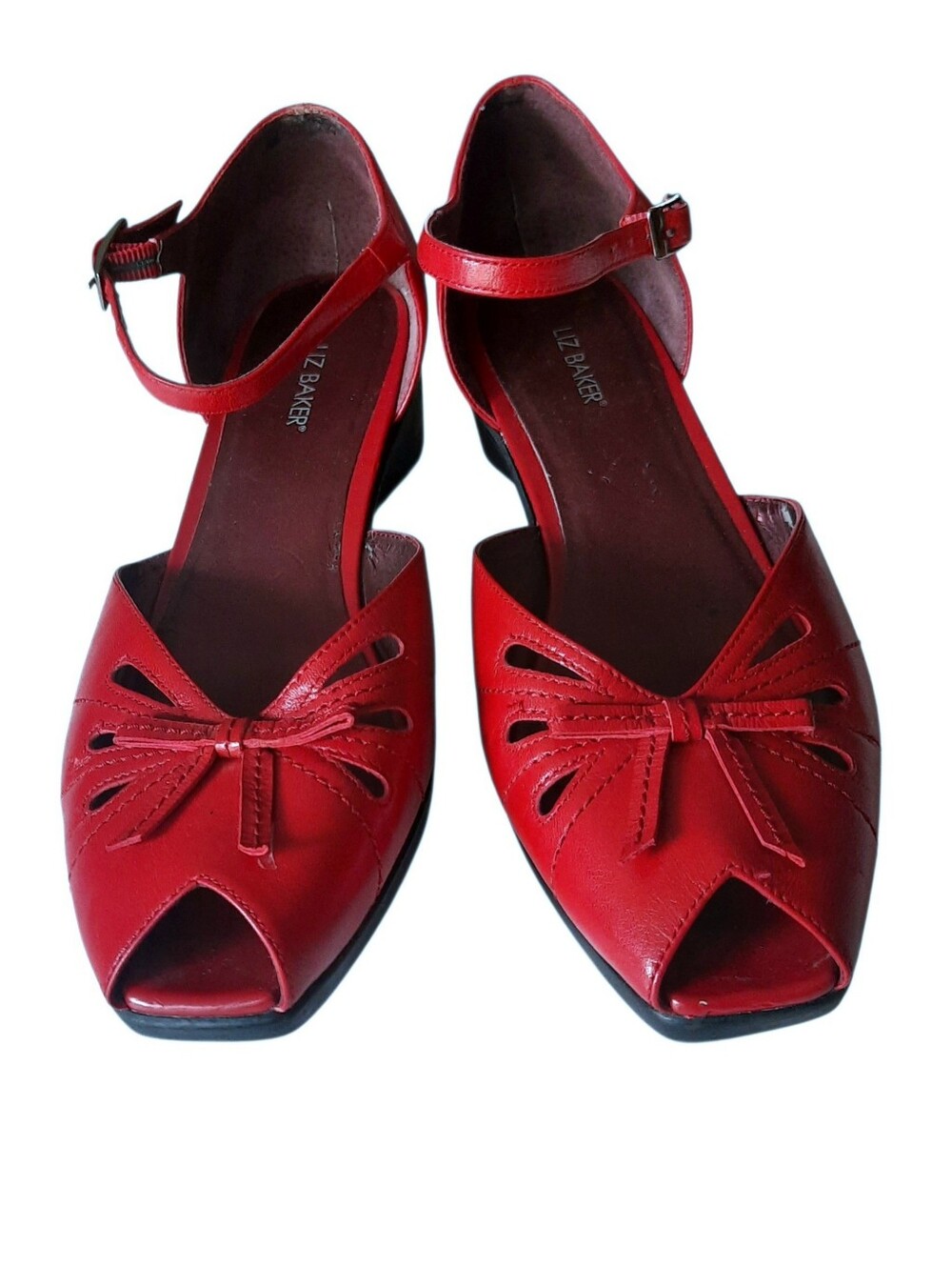 LIZ BAKER Red Leather Peep-Toe Ankle-Strap Wedge Sandals w/Cutout & Bow Sz 8.5 M